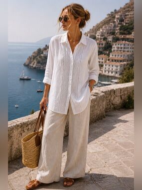 Sigird Olsen 100% Linen White Tunic Shirt Embroidered Relaxed Fit